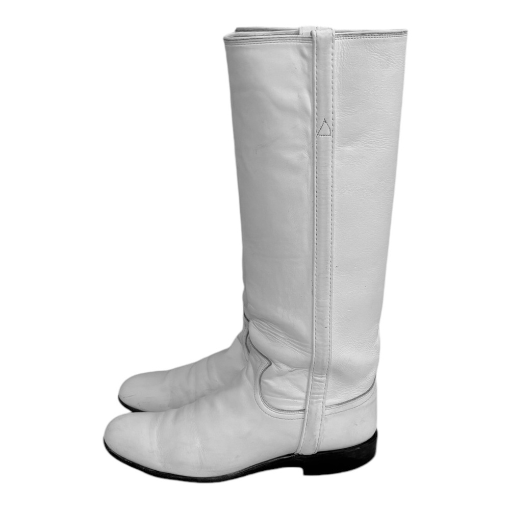 Size 7 Vintage tall white genuine leather women pull on knee high Justin Boots.